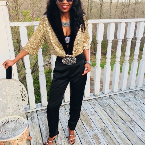 gold sequin IJ Fox sable brown mink fur jacket S-M - Picture 3 of 8